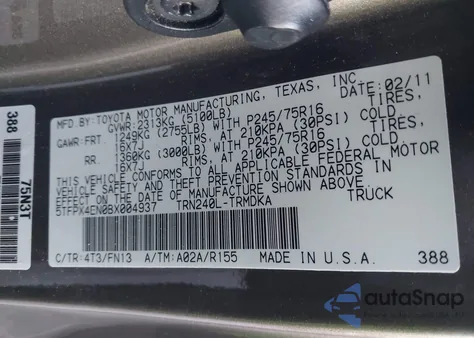 2011 Toyota Tacoma z USA, uszkodzony, nr VIN 5TFPX4EN0BX004937